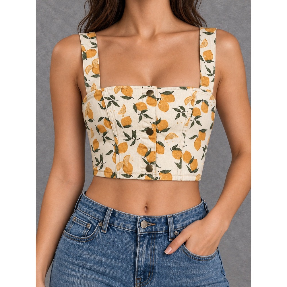 Reformation Chrissy Top Womens 8 Cream Lemon Print Crop Bralette Cottagecore